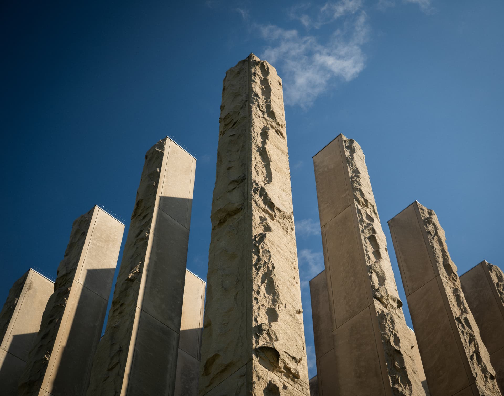 Limestone pillars against a blue sky in Columbus, Indiana